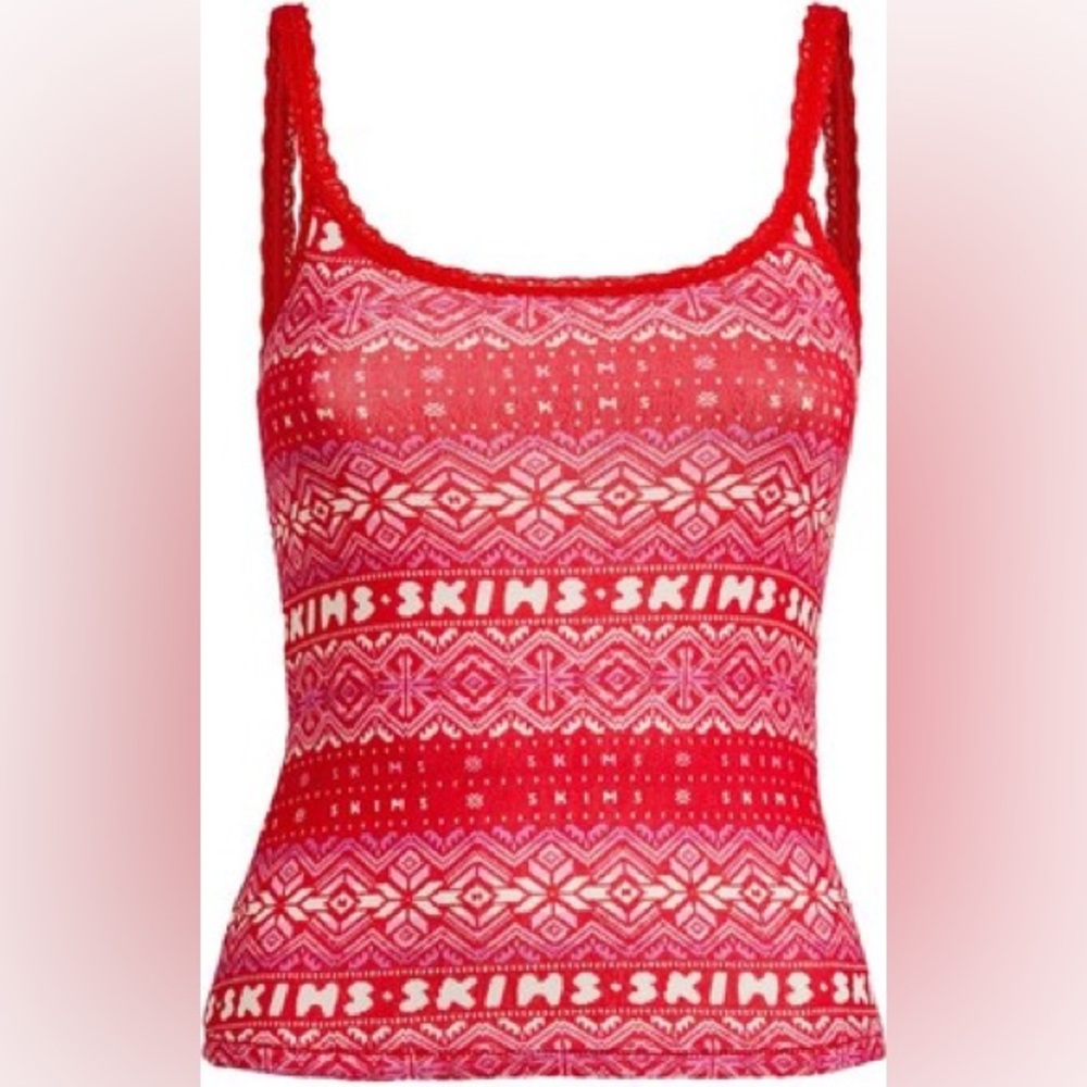 SKIMS Plush Pointelle Tank Top - Red Fair Isle, Size L (NWT)